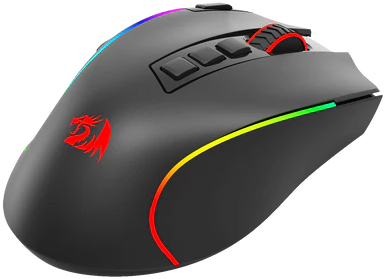 Egy fekete gamer egér RGB világítással és több gombbal.