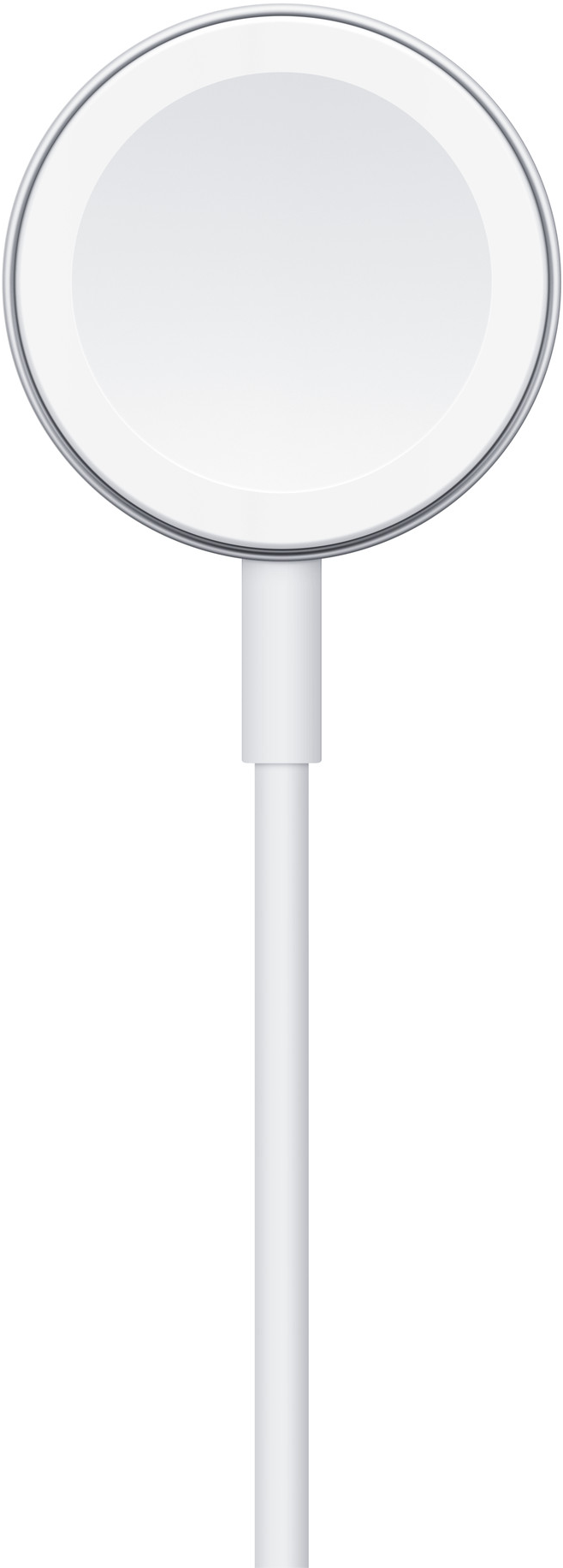 Fehér, kör alakú Apple Watch töltő fehér kábellel, felülről, fehér háttér előtt.