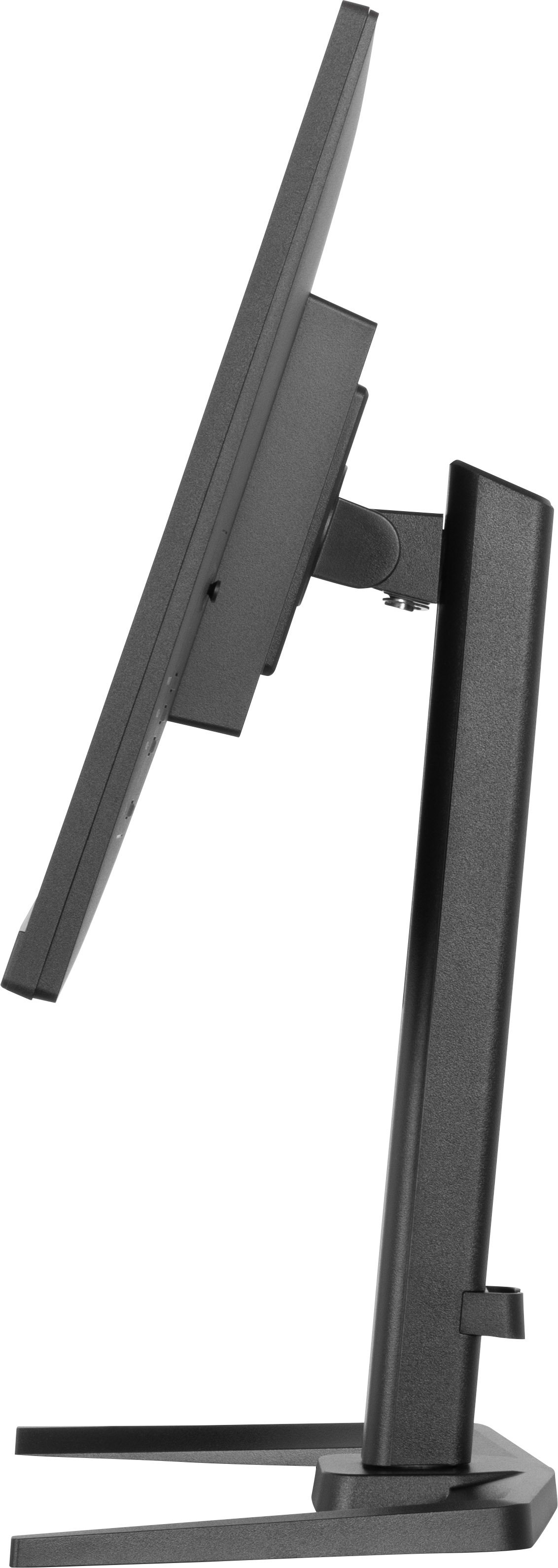 Widok z boku czarnego monitora, zamontowanego na stojaku. Ekran jest lekko pochylony do tyłu.