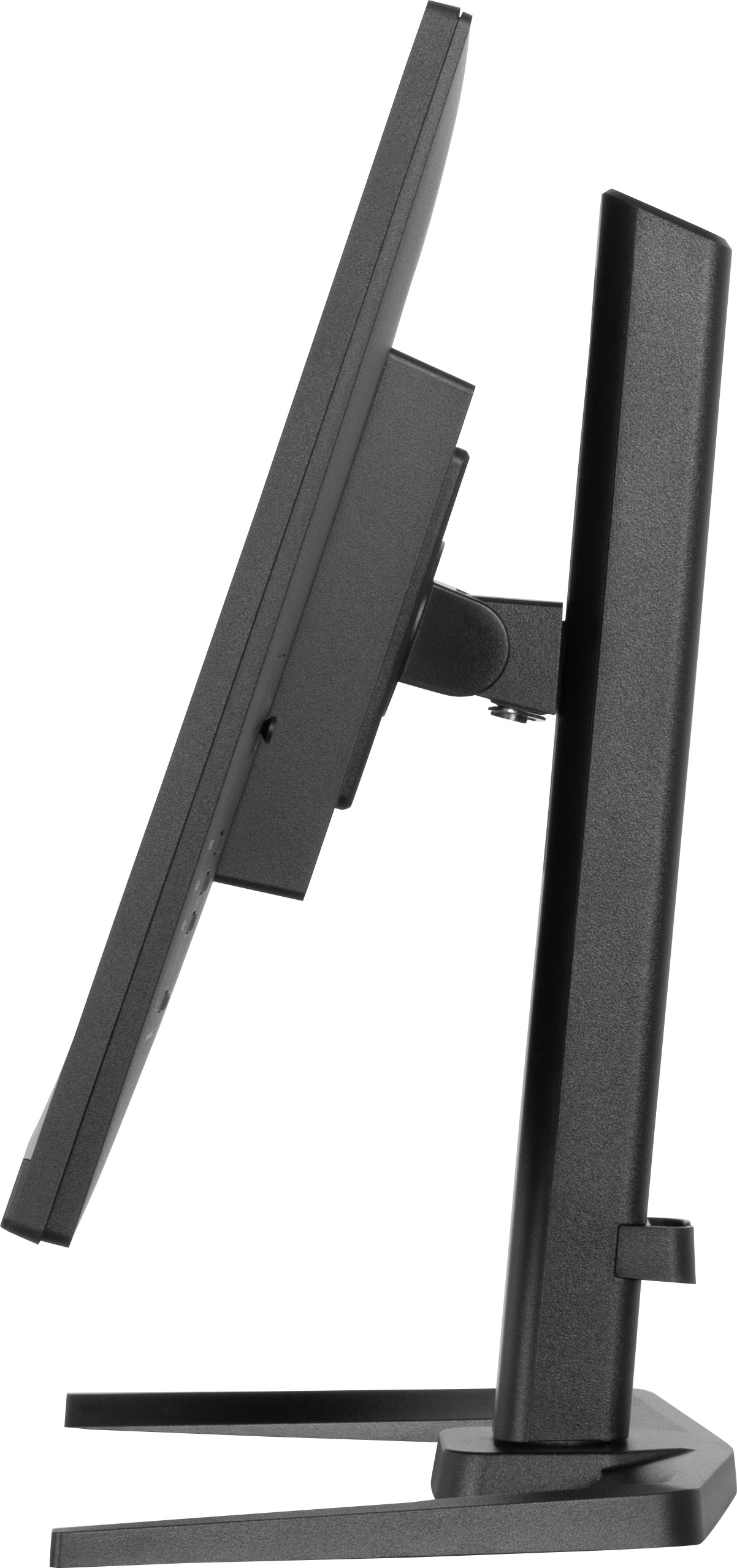 Czarny monitor z boku. Ekran jest skierowany w górę. Ma czarny stojak.