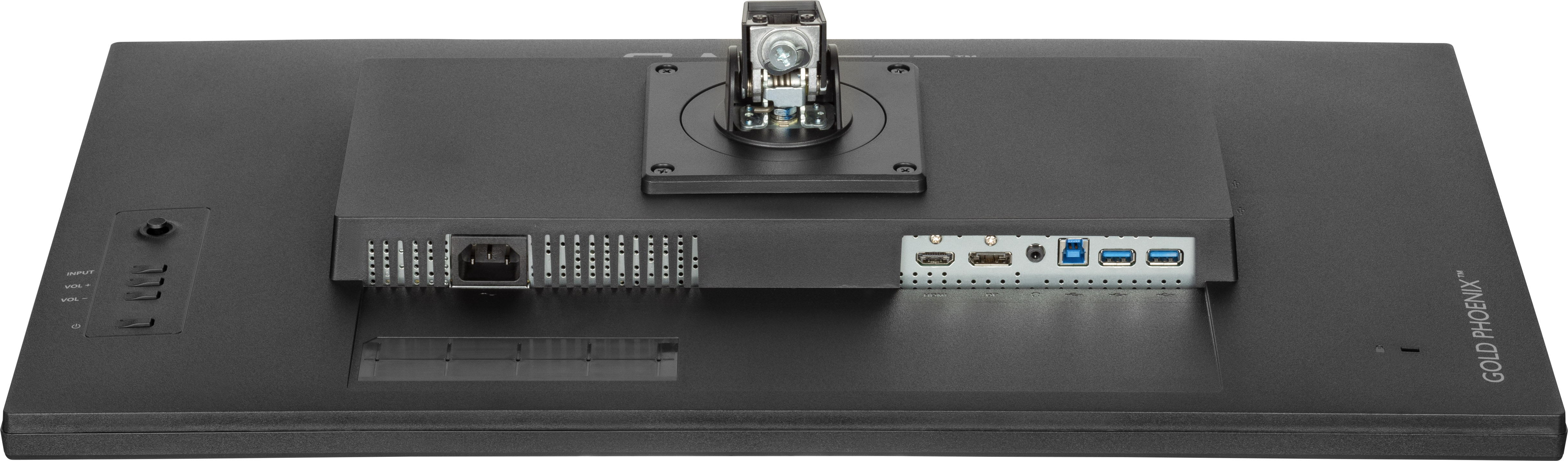 Tył czarnego monitora z różnymi portami, uchwytem montażowym i napisem "GOLD PHOENIX".