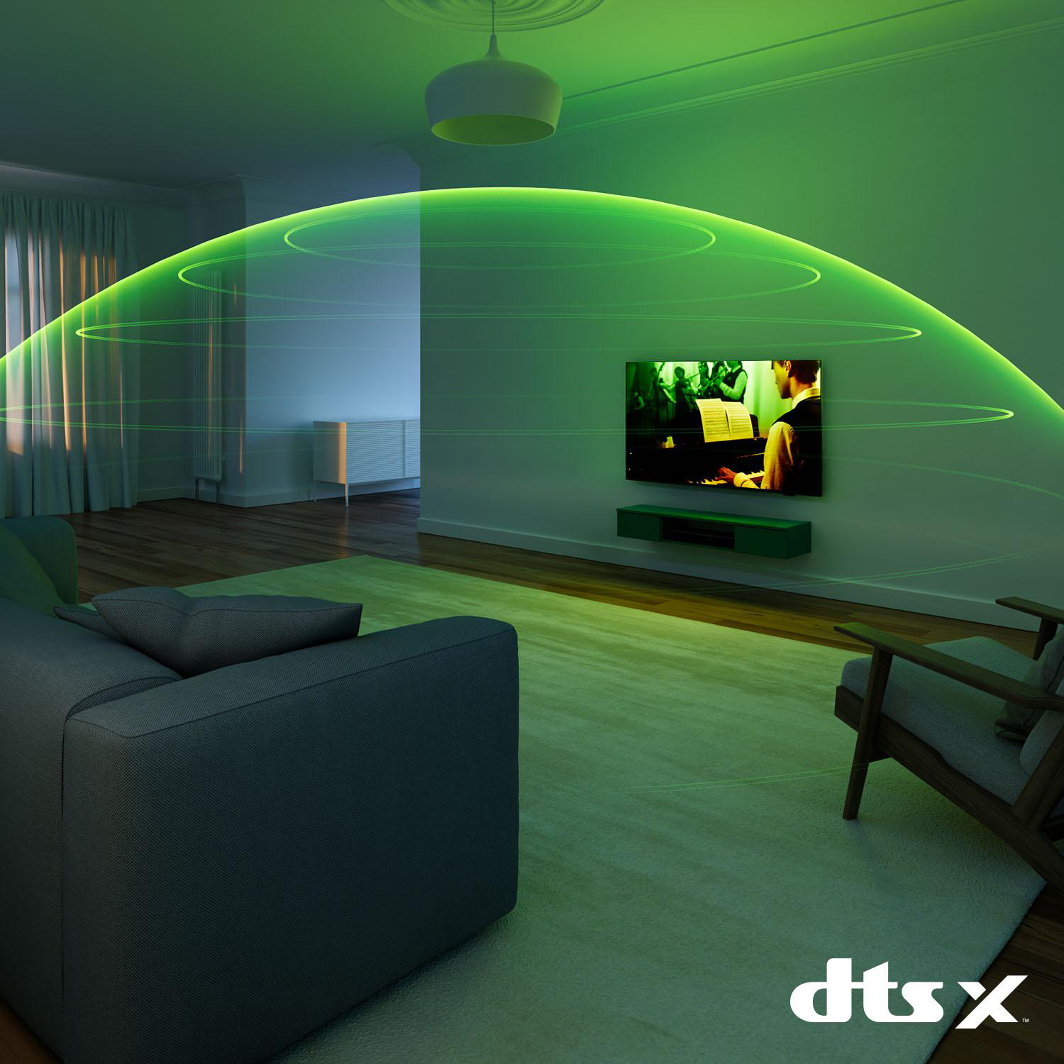 Wohnzimmer mit TV, der Musikvideo abspielt. Grüner Schallwelleneffekt. Sofa, Sessel und Teppich.
