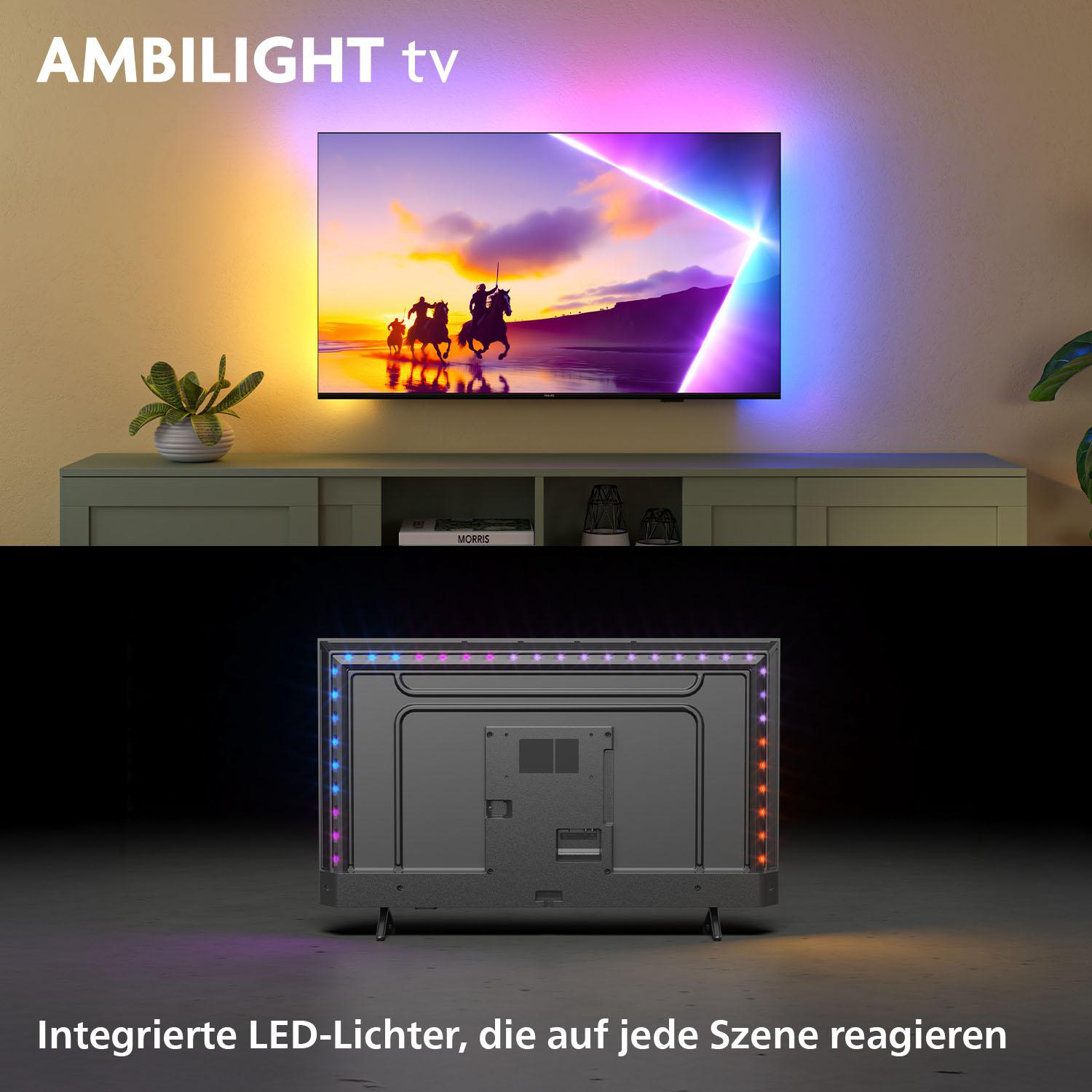 TV mit Pferden. Ambilight TV. LED-Leuchten unten. Grüne Wand und Boden.