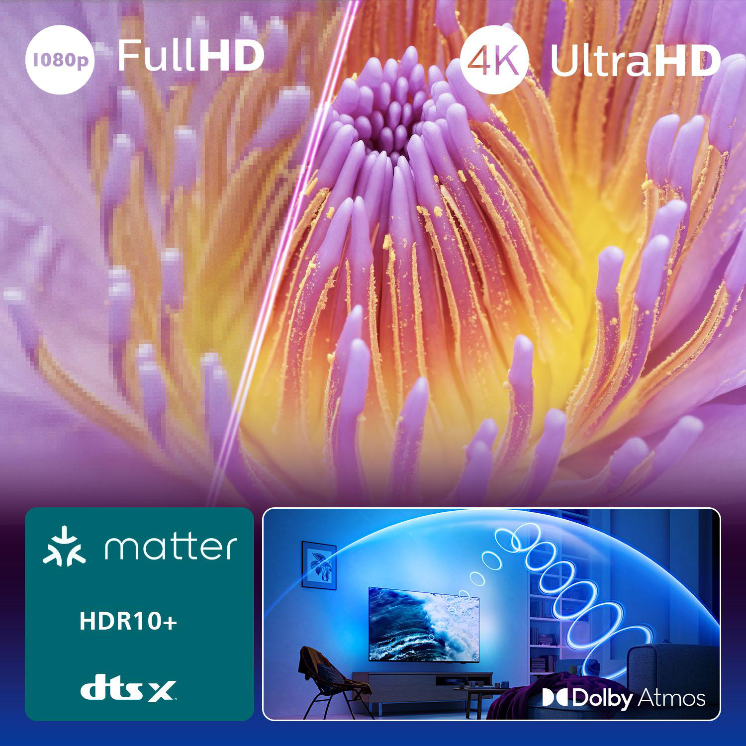 Ein Fernsehbildschirm zeigt eine bunte Blume. Text: 1080p Full HD, 4K Ultra HD, Matter, HDR10+, dtsX, Dolby Atmos.