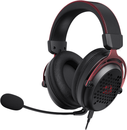 Fekete-piros gamer headset mikrofonnal, zöld háttérrel.