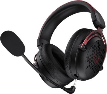 Fekete és piros gamer headset mikrofonnal. Zöld háttér előtt látható.