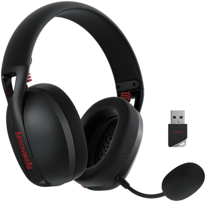 Egy fekete Redragon gaming headset mikrofonnal és USB-vevővel. Piros akcentusok.
