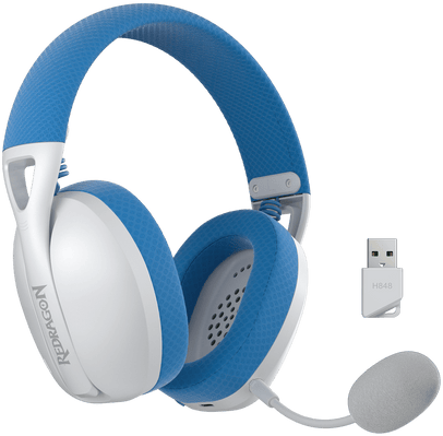 Kék-fehér fejhallgató mikrofonnal és USB-vevővel. Redragon logó látható az egyik fülkagylón.