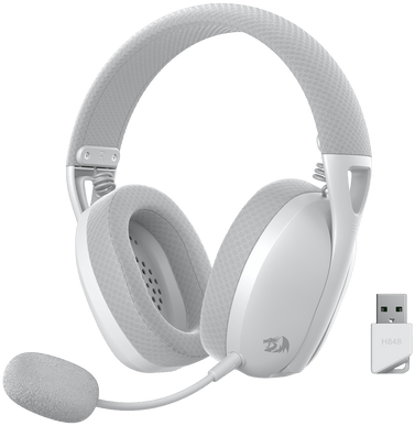 Fehér gamer headset mikrofonnal és USB adapterrel.