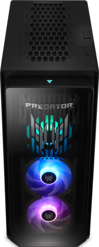 Un boîtier d'ordinateur noir avec des ventilateurs RVB, un panneau avant en verre et le mot PREDATOR.