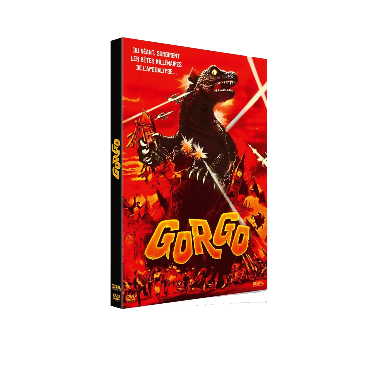 Couverture DVD : 'Gorgo'. Monstre noir attaquant la ville, fond rouge, texte 'Gorgo'.