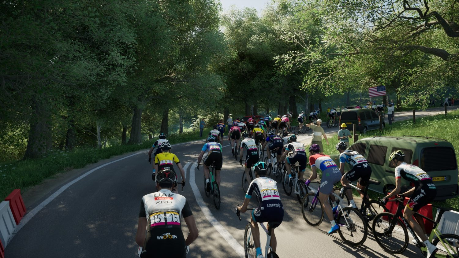 Grupo de ciclistas en carrera en carretera sinuosa en zona boscosa, vistos desde atrás.