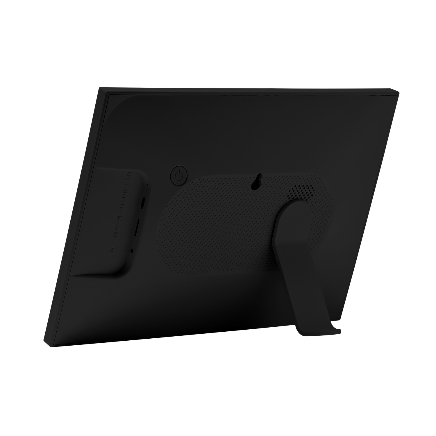 Black digital photo frame, tilted, with a stand. Rear view.