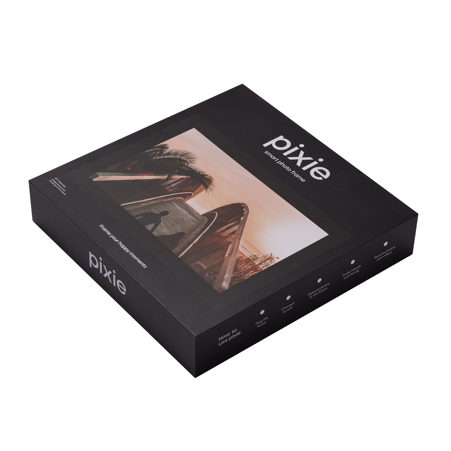 Black Pixie smart photo frame box. It has a picture of boats on the front.