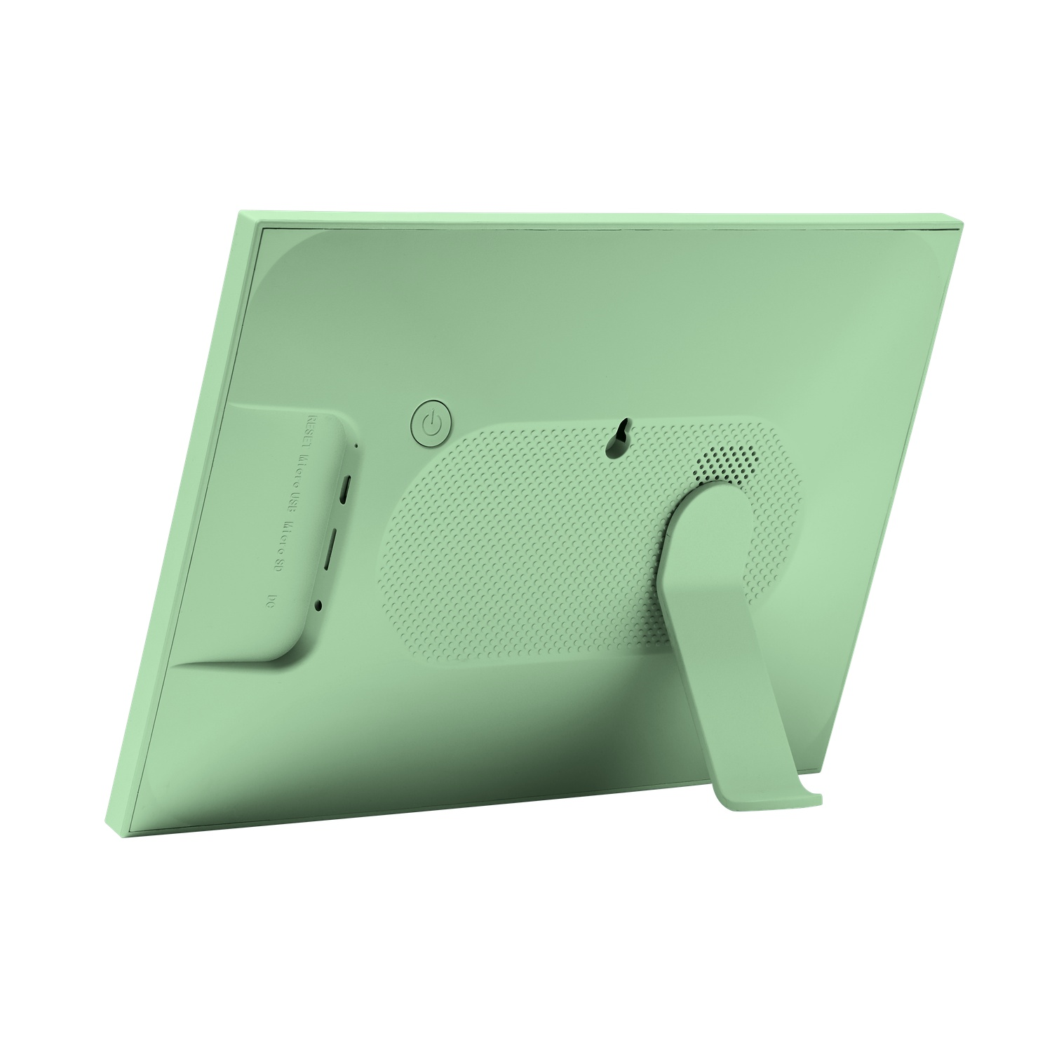 Rear view of a light green digital photo frame with a stand.
