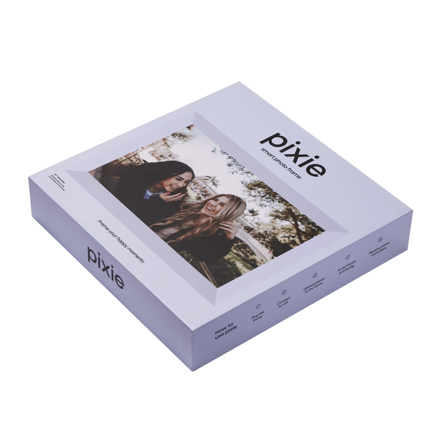 Boîte blanche avec un cadre photo sur le dessus, avec deux femmes souriantes. Texte : pixie smart photo frame.