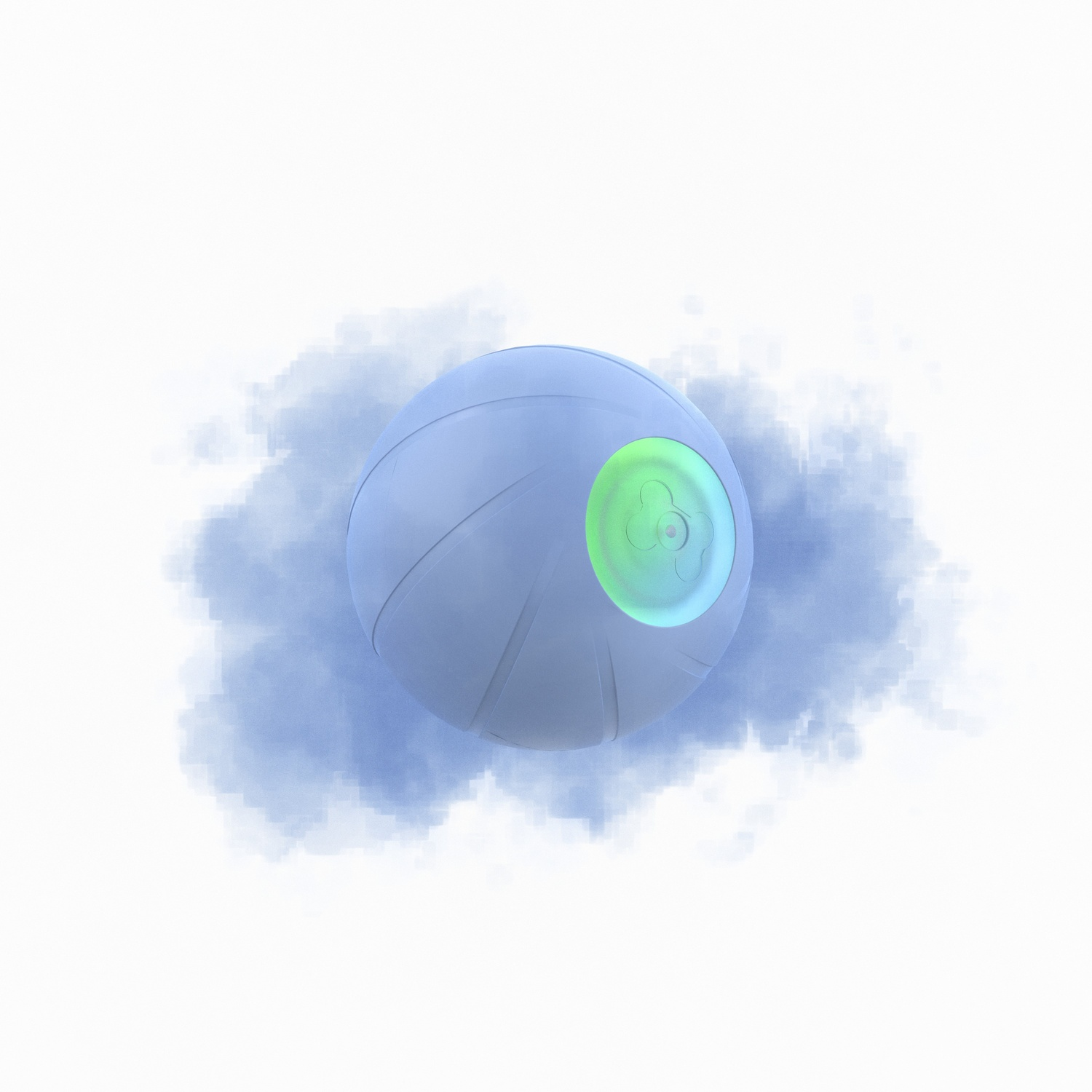 A light blue sphere with a green illuminated center floating in a cloudy background.