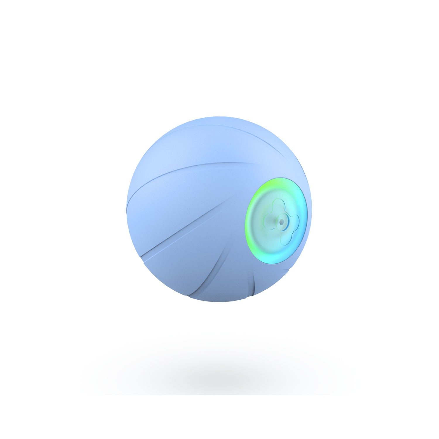 A light blue, spherical ball with a circular, green-lit feature. It is floating on a white background.
