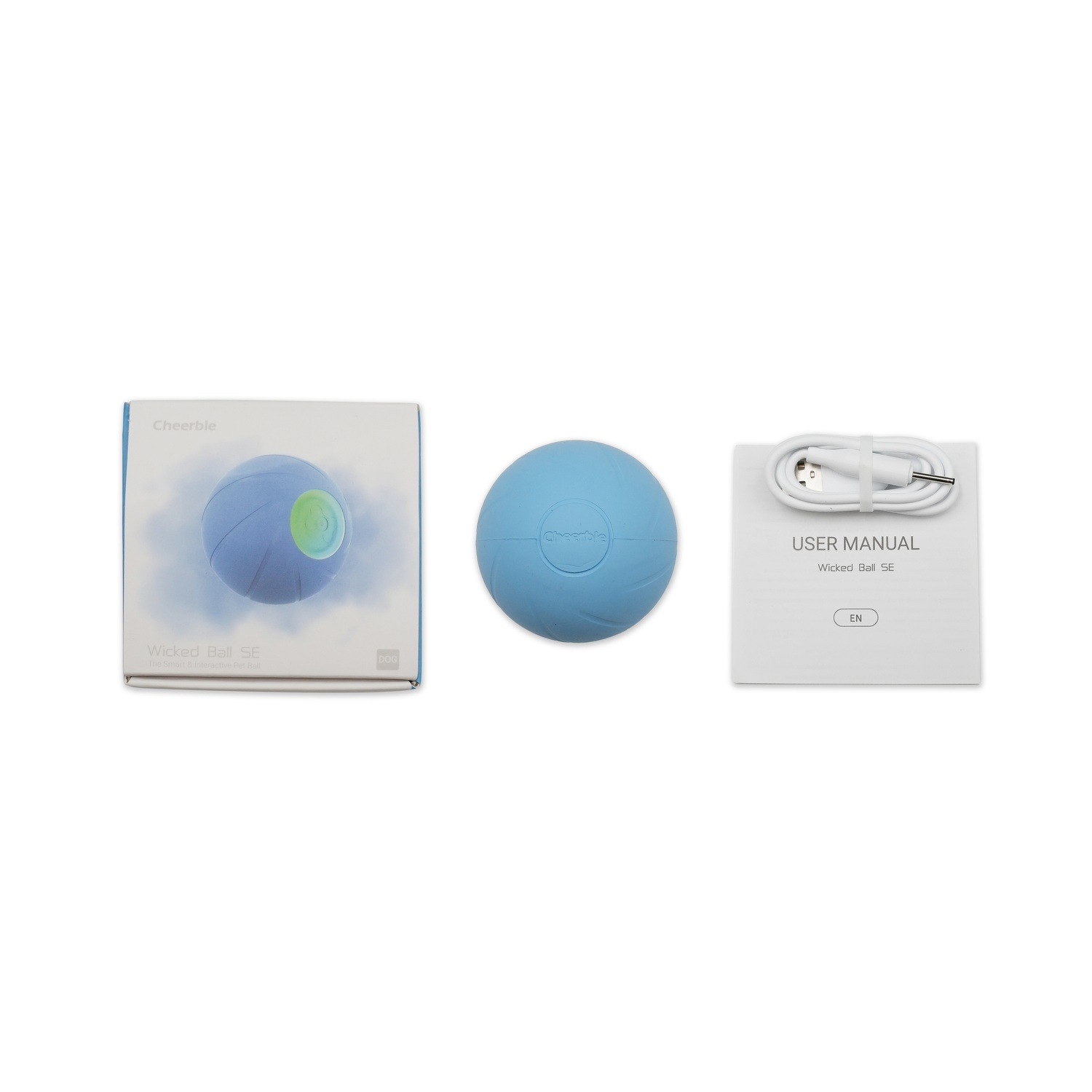 Box and a blue ball with a logo, and a user manual. All objects are on a white background.