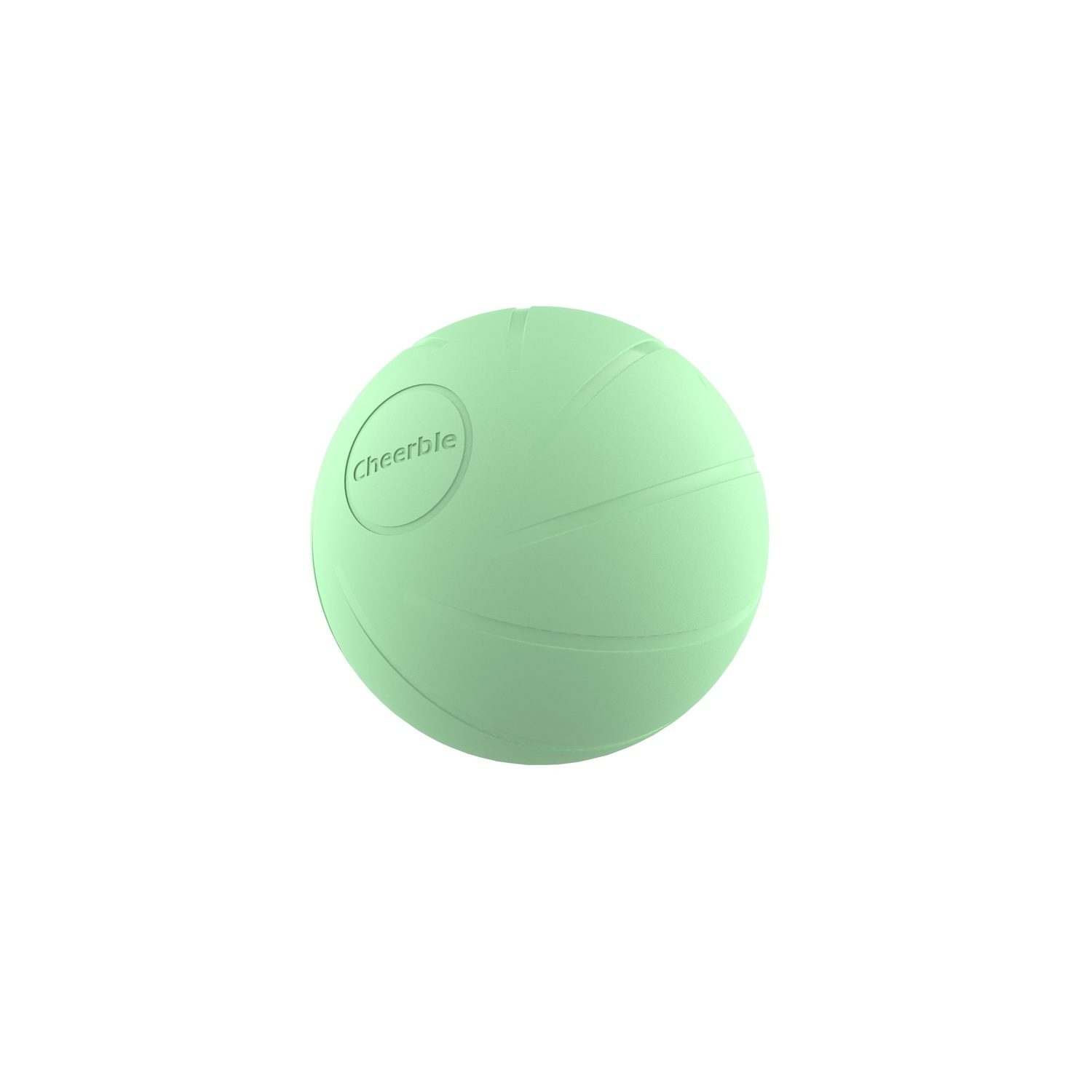 Balle verte avec le mot 'Cheerble' et une texture rayée. Isolé sur fond blanc avec une ombre.