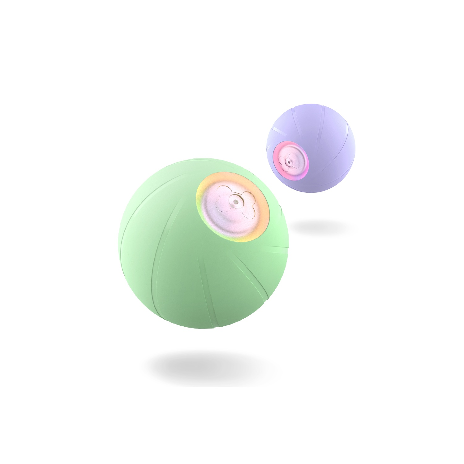 Deux jouets sphériques pour chats, un vert, un violet. L'un a une ouverture avec un motif floral.