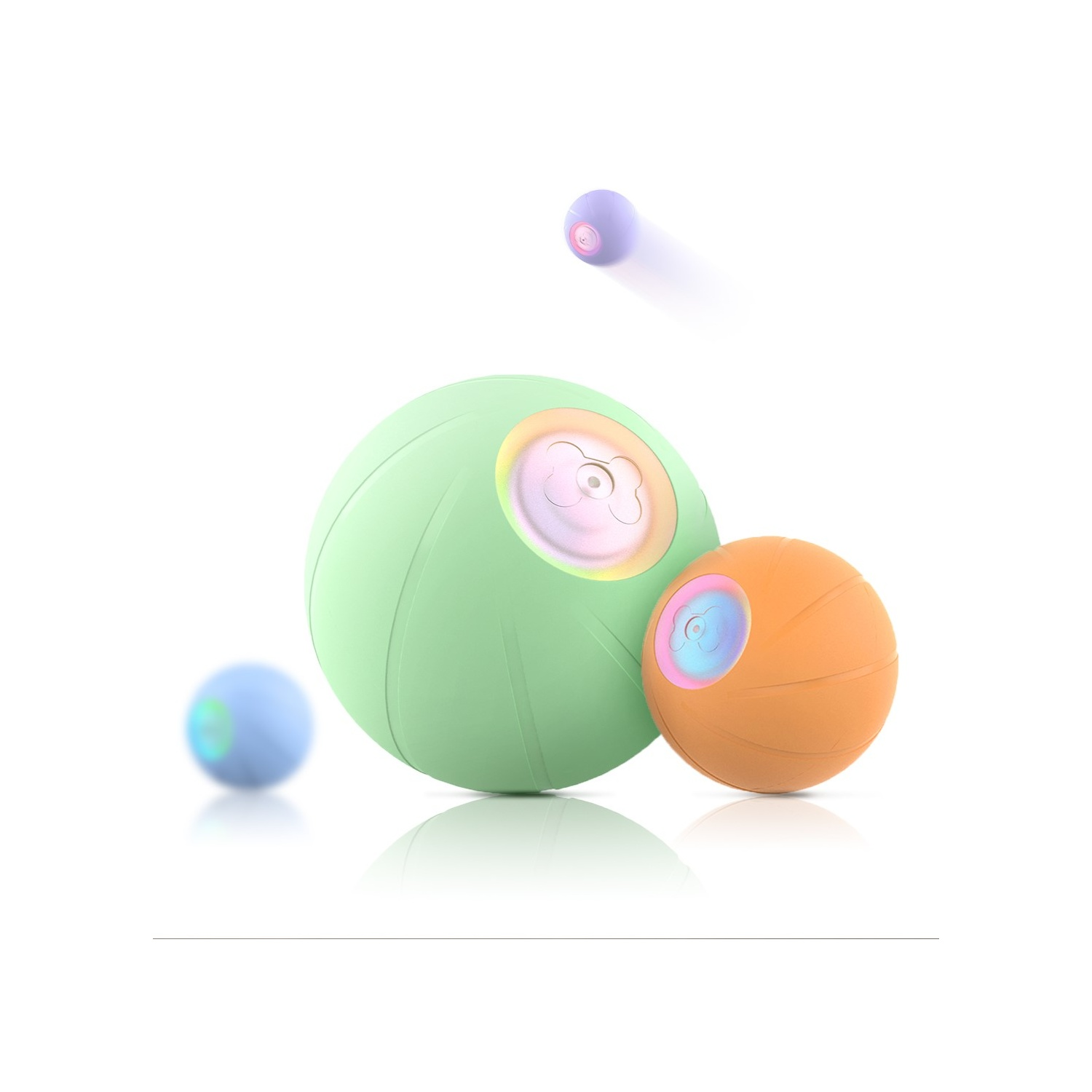 Boules vertes et oranges. Petite boule bleue en mouvement. Fond blanc.