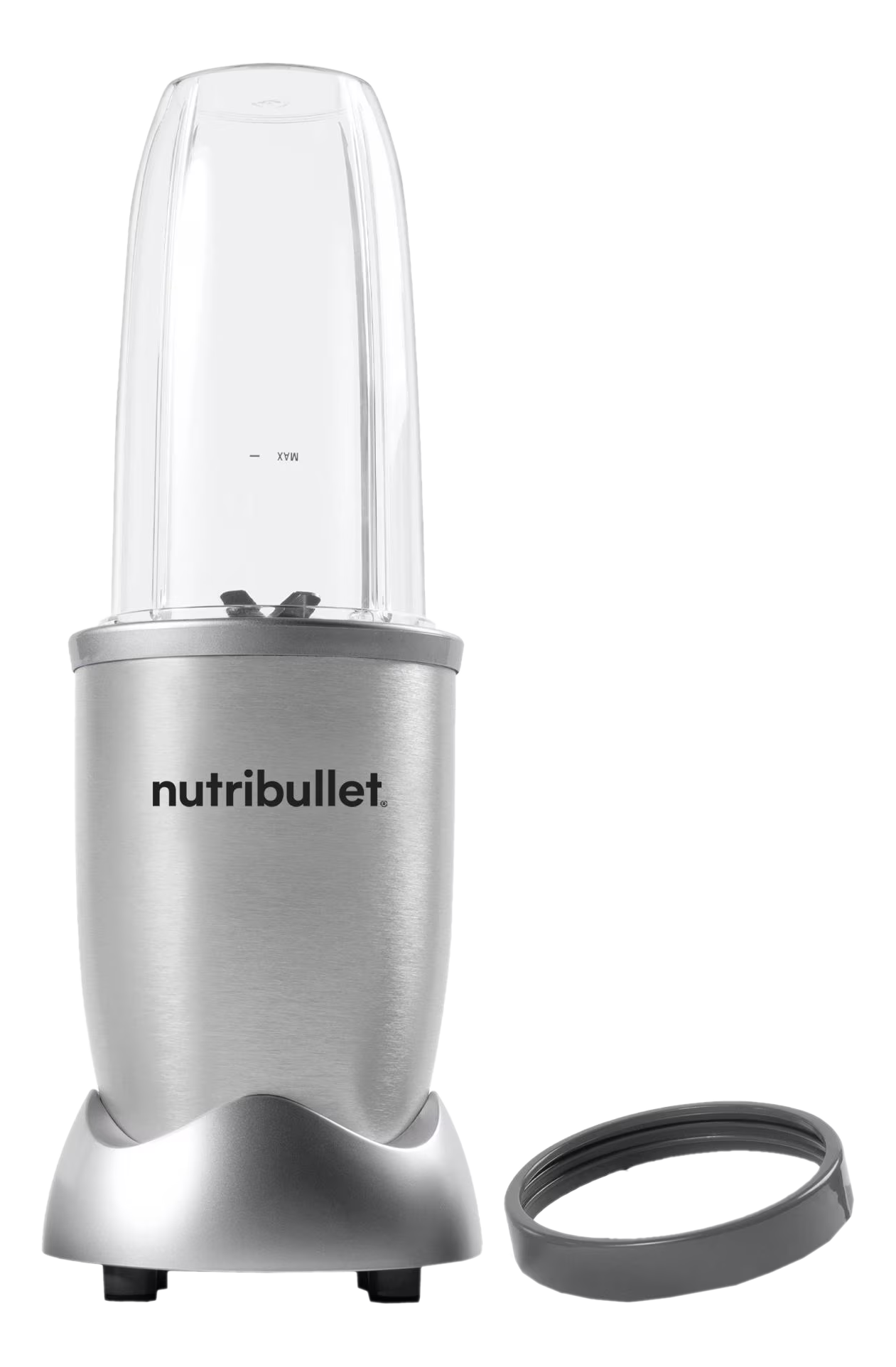 Nutribullet-Mixer. Silberne Basis und klarer Behälter. Hat einen schwarzen Ring.