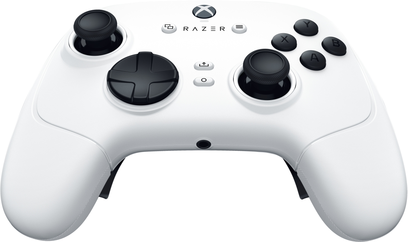 Weißer Razer Xbox-Controller mit schwarzen Knöpfen und Joysticks.
