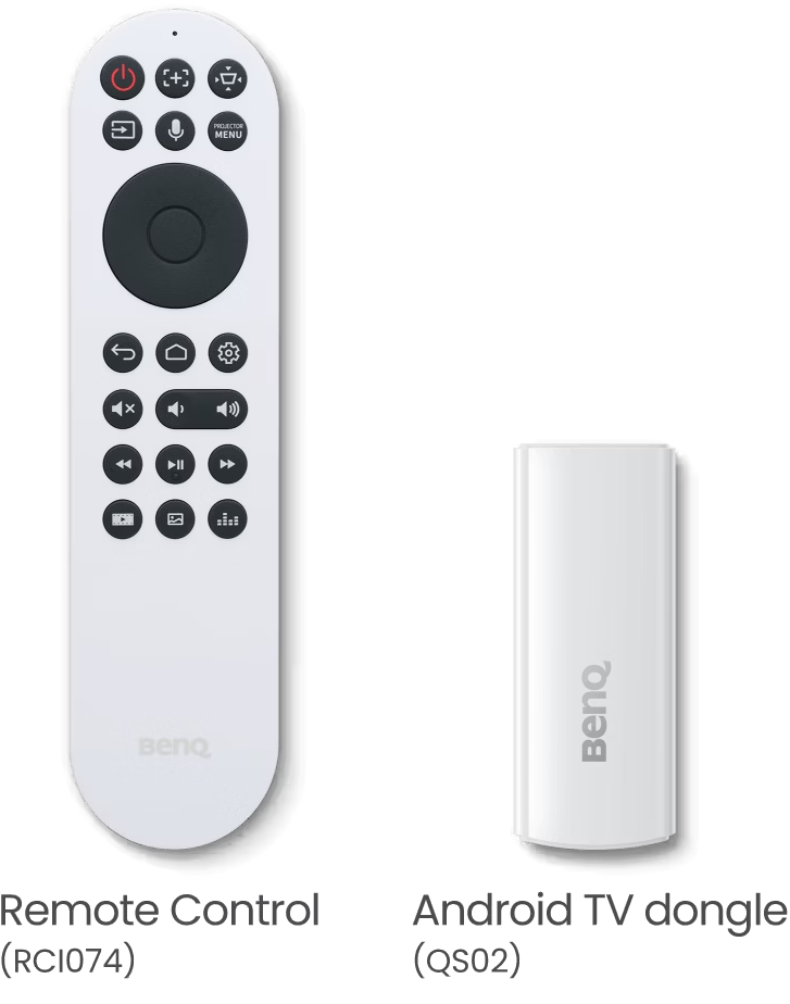 Telecomando bianco e dongle Android TV bianco affiancati, entrambi con marchio.