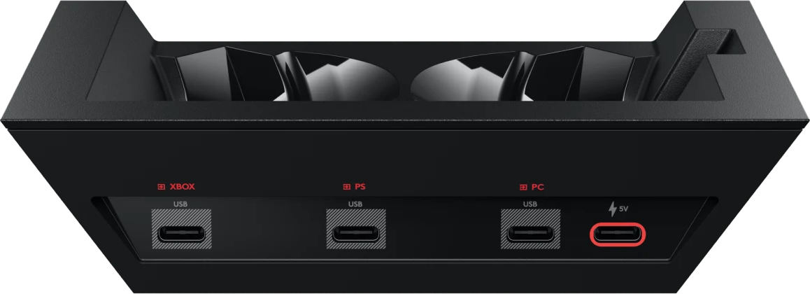 Schwarzes Gerät mit USB-Anschlüssen für Xbox, PS und PC. Ein 5V-USB-Anschluss ist rot markiert.