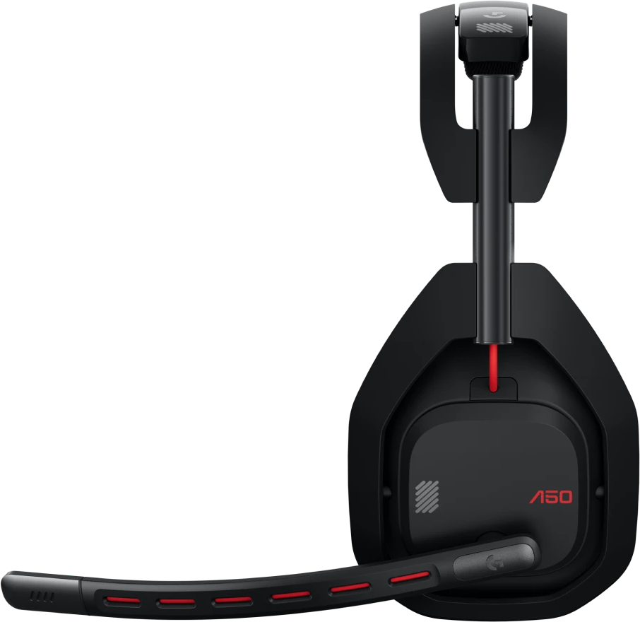 Schwarzes Gaming-Headset mit roten Akzenten. Mit Mikrofon, Ohrmuscheln und Kopfband. Das Headset hat das "A50" Logo.