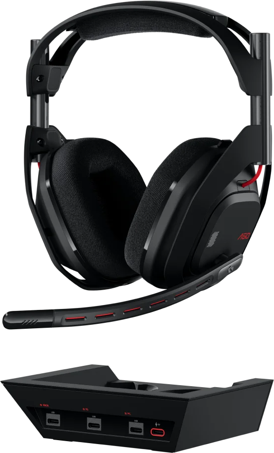 Schwarzes Gaming-Headset mit Basis. Rote Akzente. Schwarzer Hintergrund.