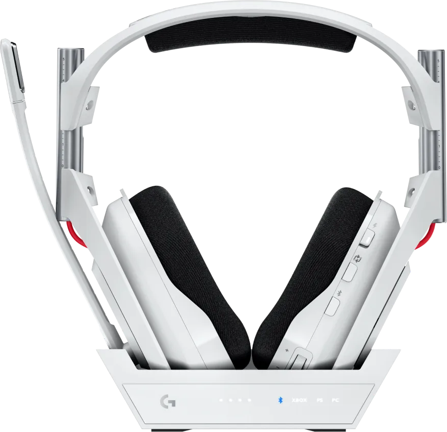 Weißes Gaming-Headset mit Mikrofon. Es wird auf einem Ständer angezeigt.