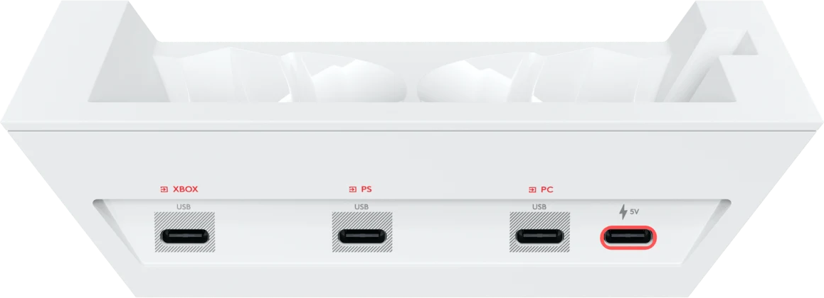 Weißes Gerät mit Anschlüssen für XBOX, PS, PC und 5V. USB-Anschlüsse vorhanden.
