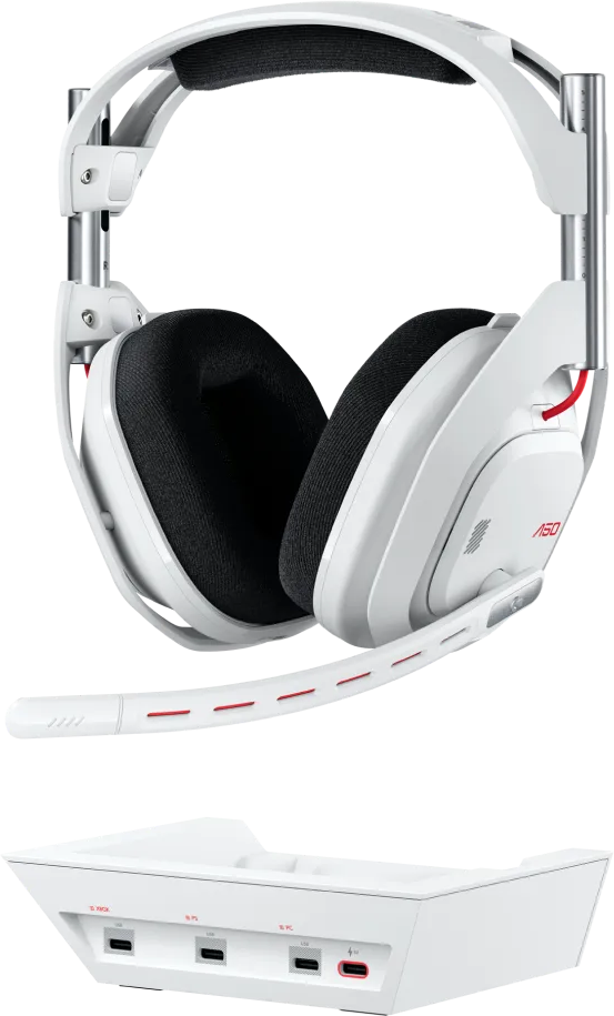 Weißes Gaming-Headset mit schwarzem Mikrofon und Ständer.