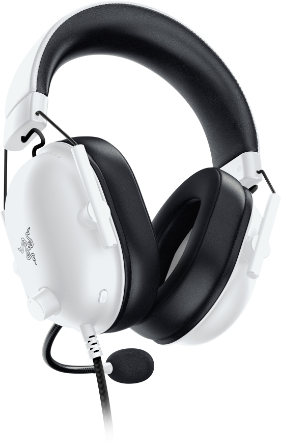 Weißes und schwarzes Headset mit Mikrofon. Marke Razer, mit flexiblem Mikrofonarm.