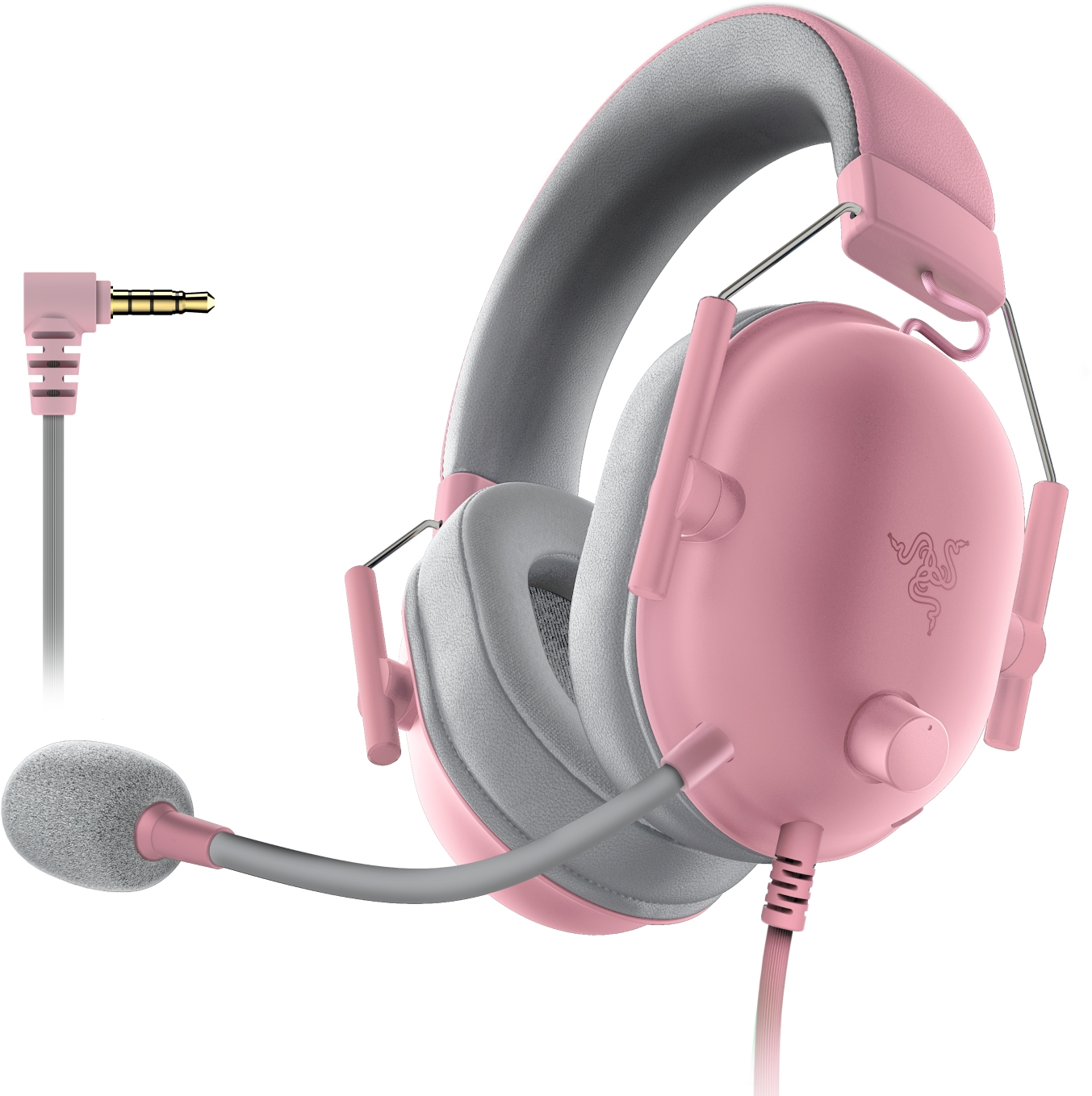 Rosa Gaming-Headset mit Mikrofon, grauen Ohrmuscheln und Kabel.