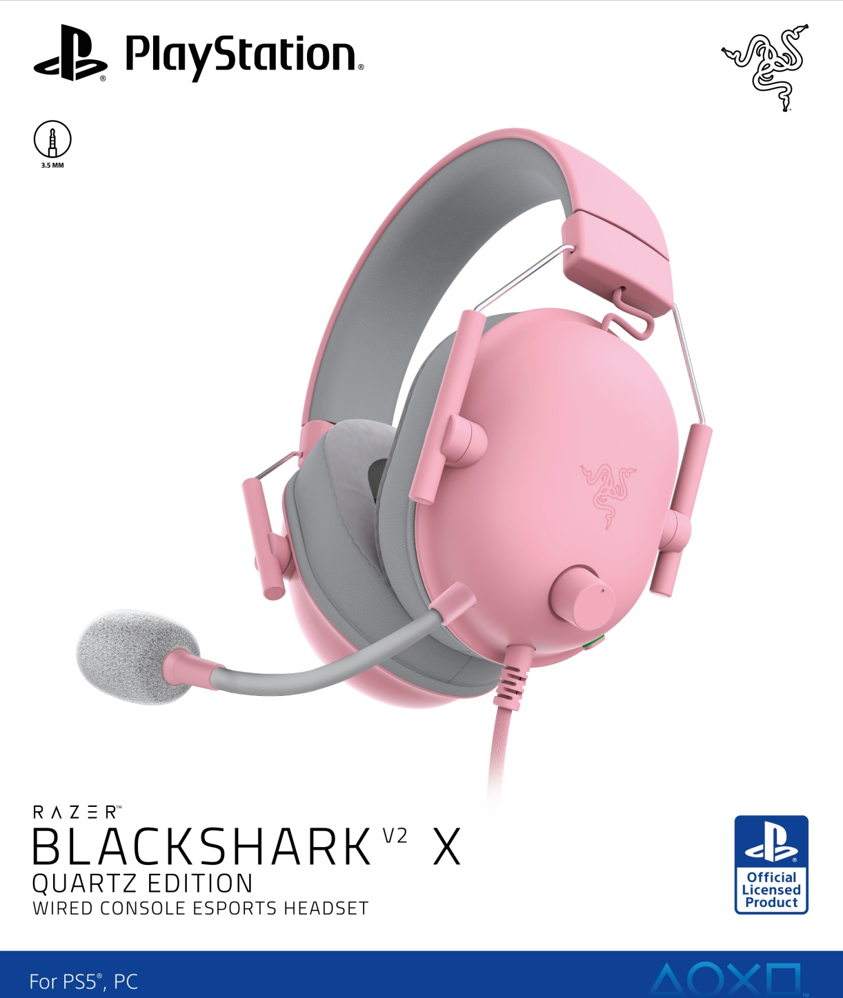 Pinkes Razer Blackshark V2 X Gaming-Headset mit Mikrofon, grauen Ohrmuscheln und PlayStation-Logo.