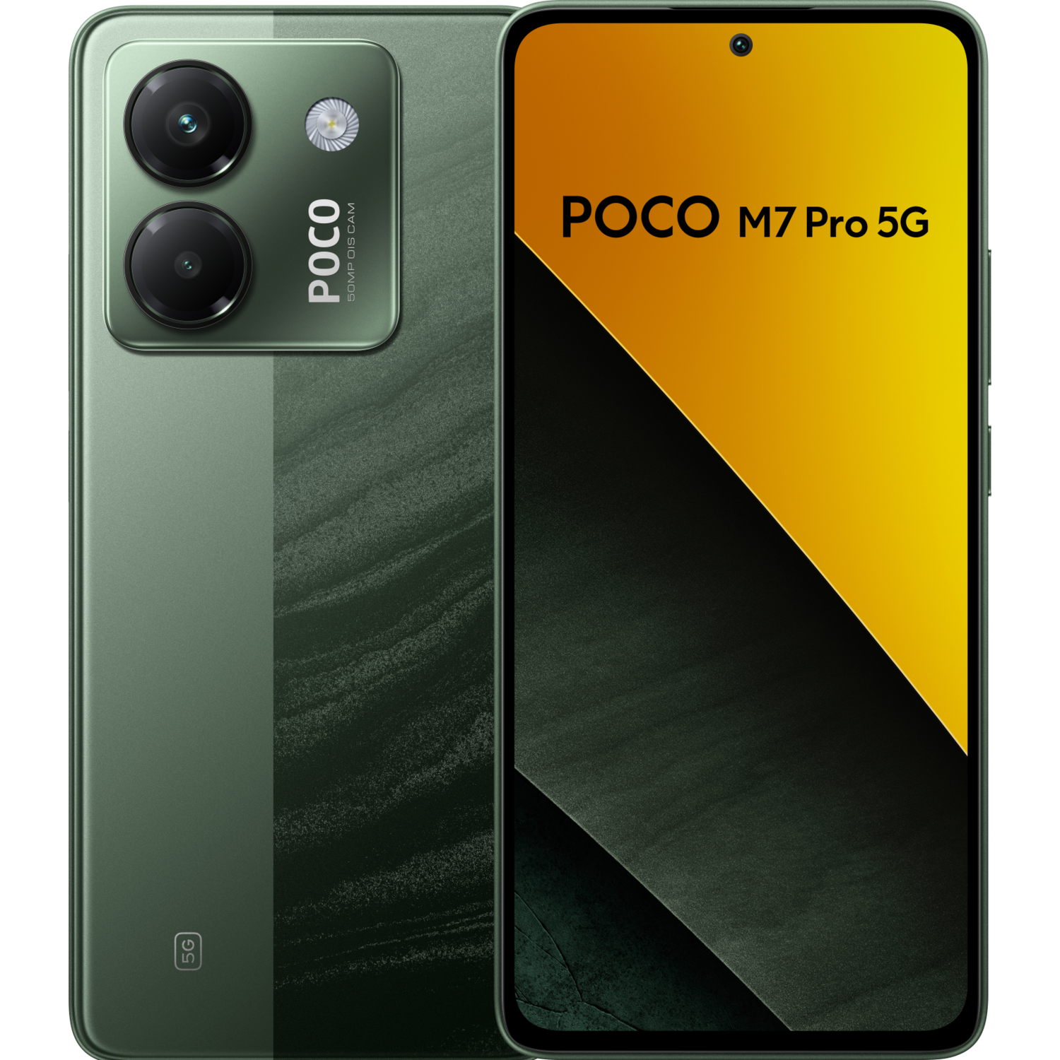 Een groene POCO M7 Pro 5G smartphone, met voor- en achteraanzicht met een geel scherm.