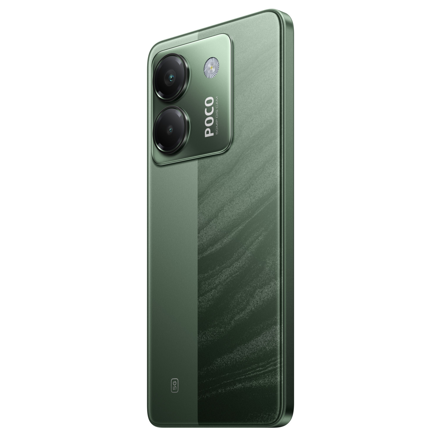 Groene POCO-telefoon met twee camera's, achteraanzicht, met een gemarmerde textuur. De telefoon ligt op zijn kant.