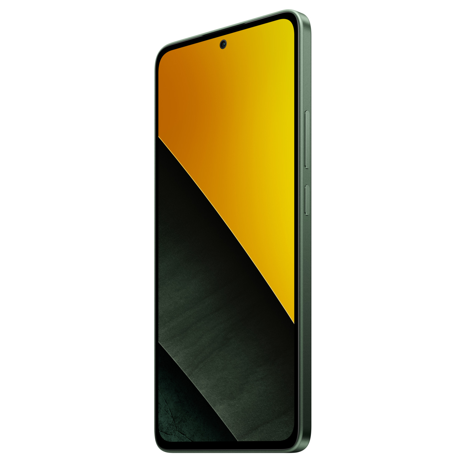 Een groene smartphone met een geel en zwart scherm, onder een hoek bekeken.
