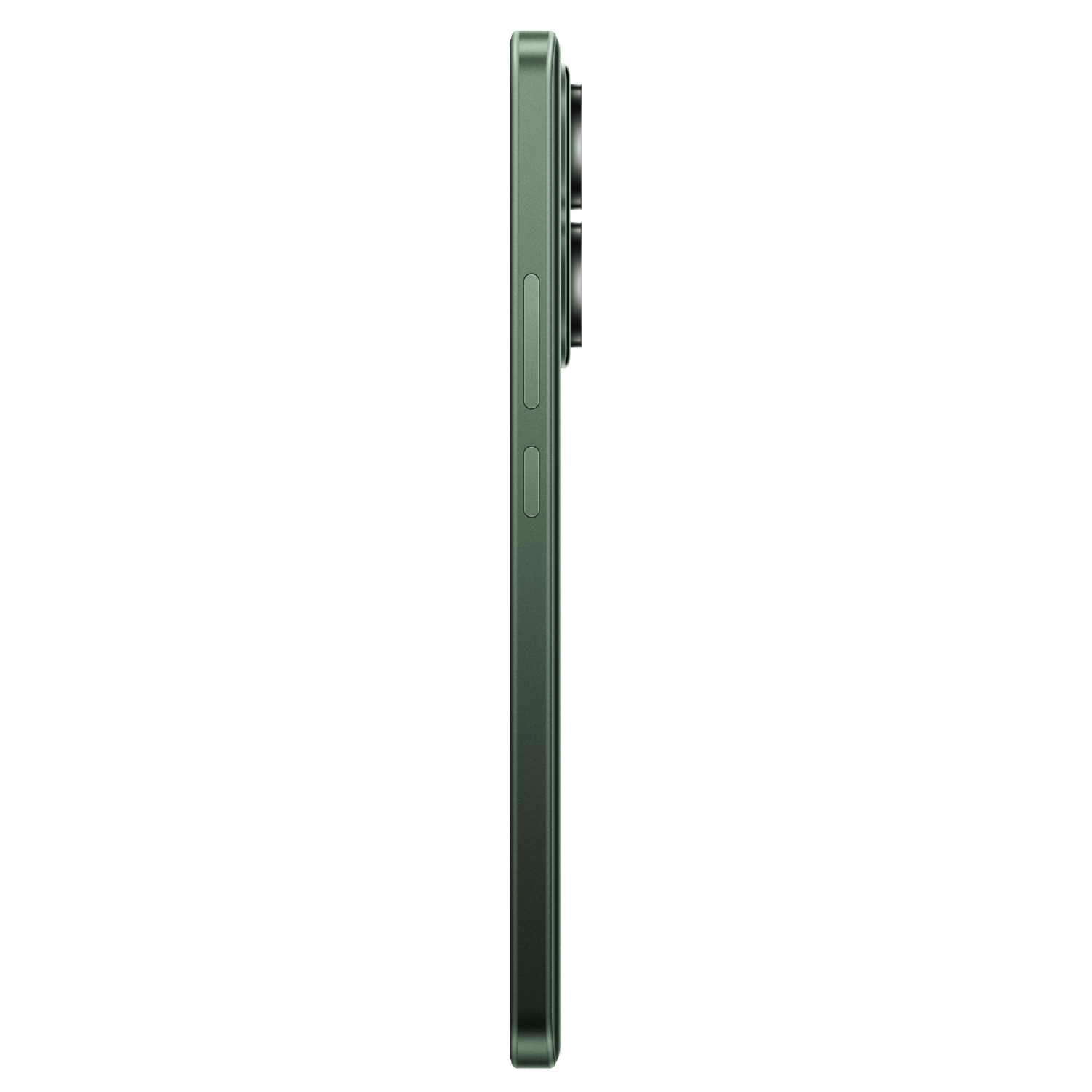 Een zijaanzicht van een groene smartphone met drie camera's.