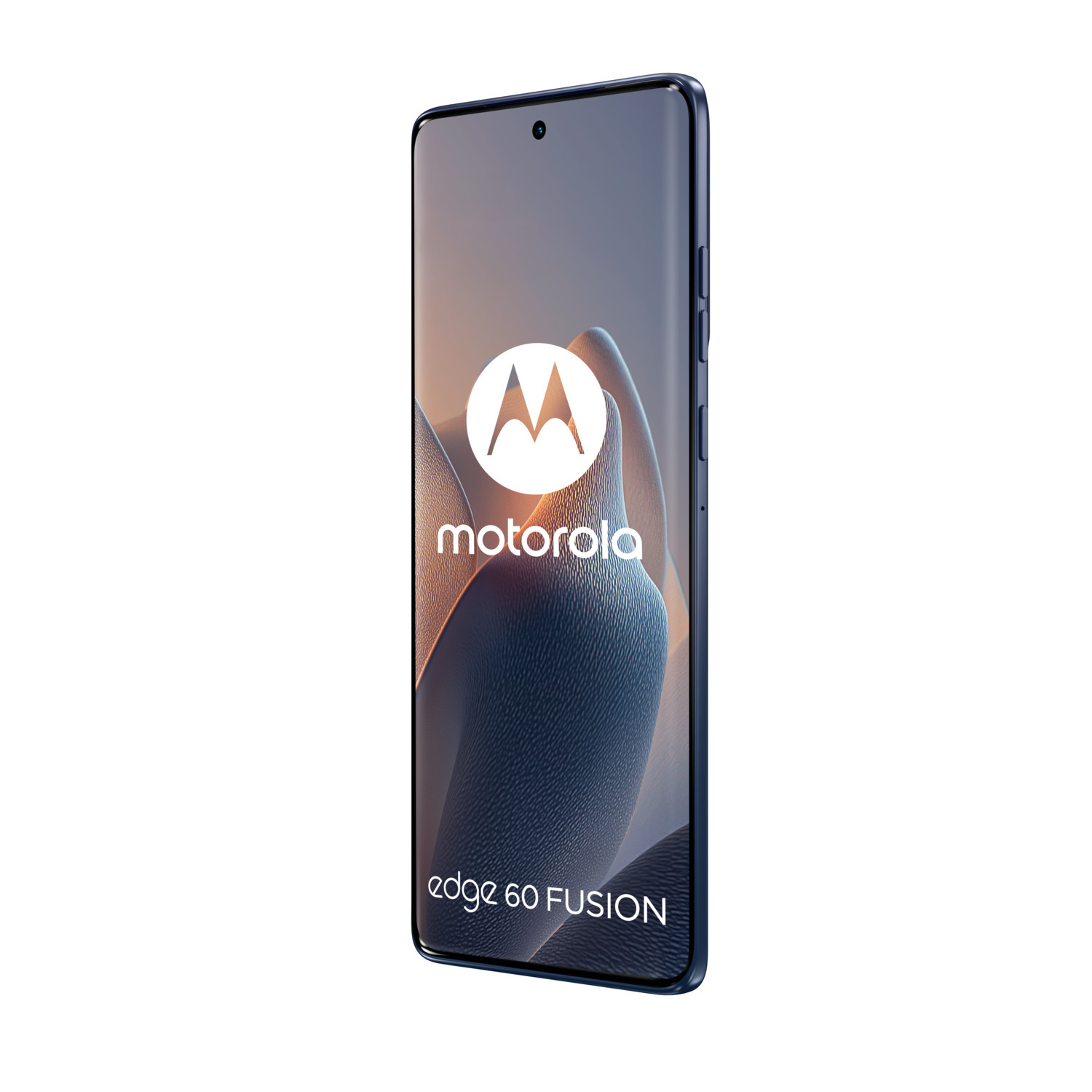 Motorola Edge 60 Fusion-Telefon; weißer Hintergrund, Telefon geneigt, mit Logo und Text.