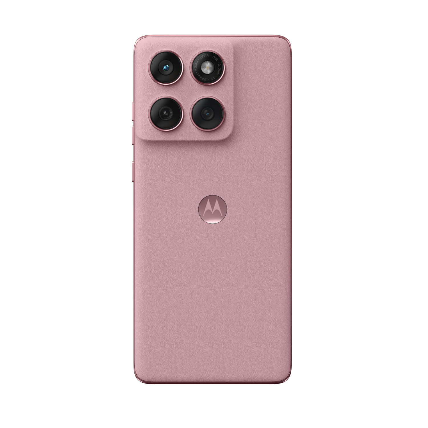A pink smartphone's back, with cameras and a logo, on a white background.