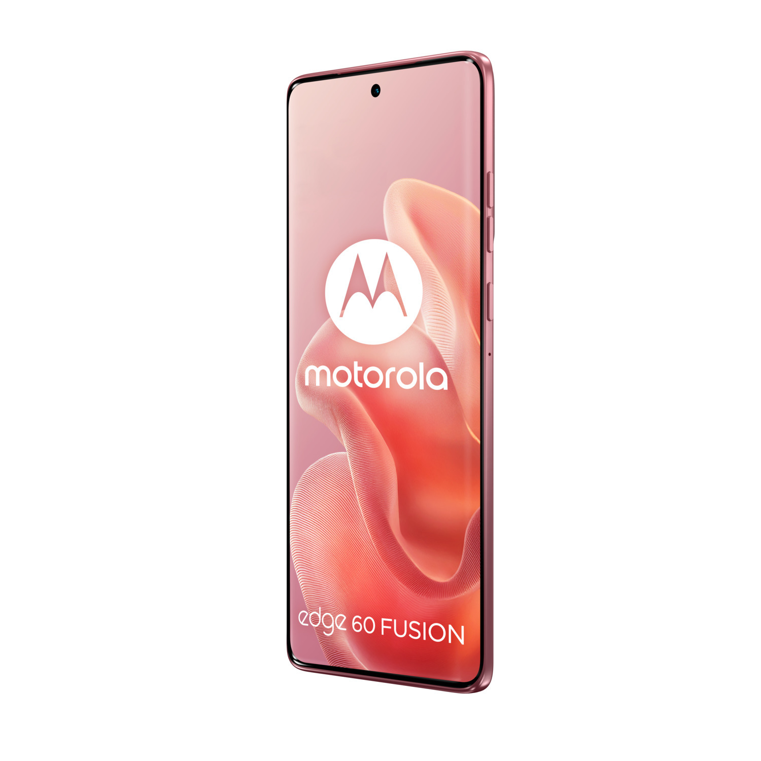 A pink Motorola Edge 60 Fusion phone. The phone is standing upright. Motorola logo is visible.