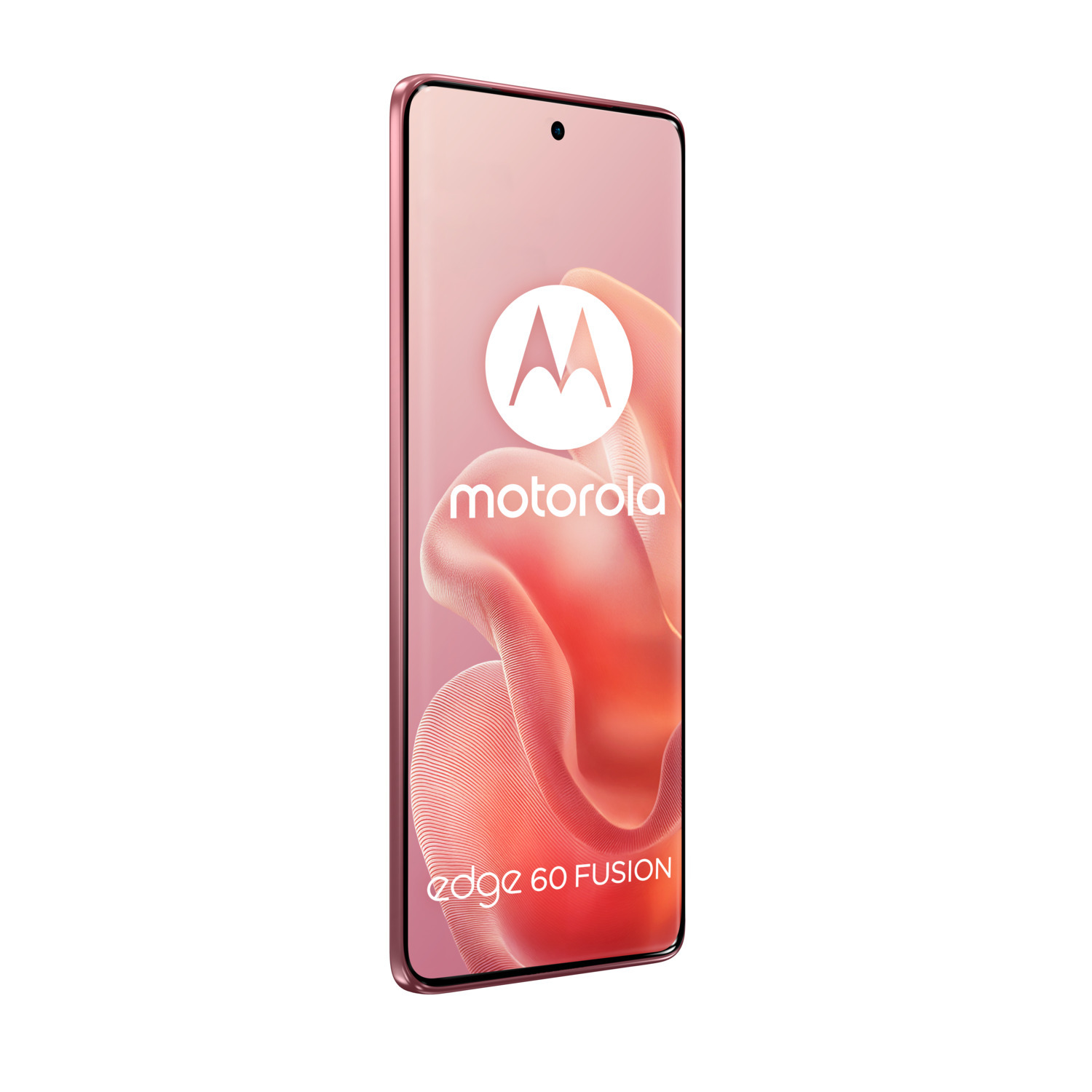 A pink Motorola phone with a camera, the screen showing the brand's logo.