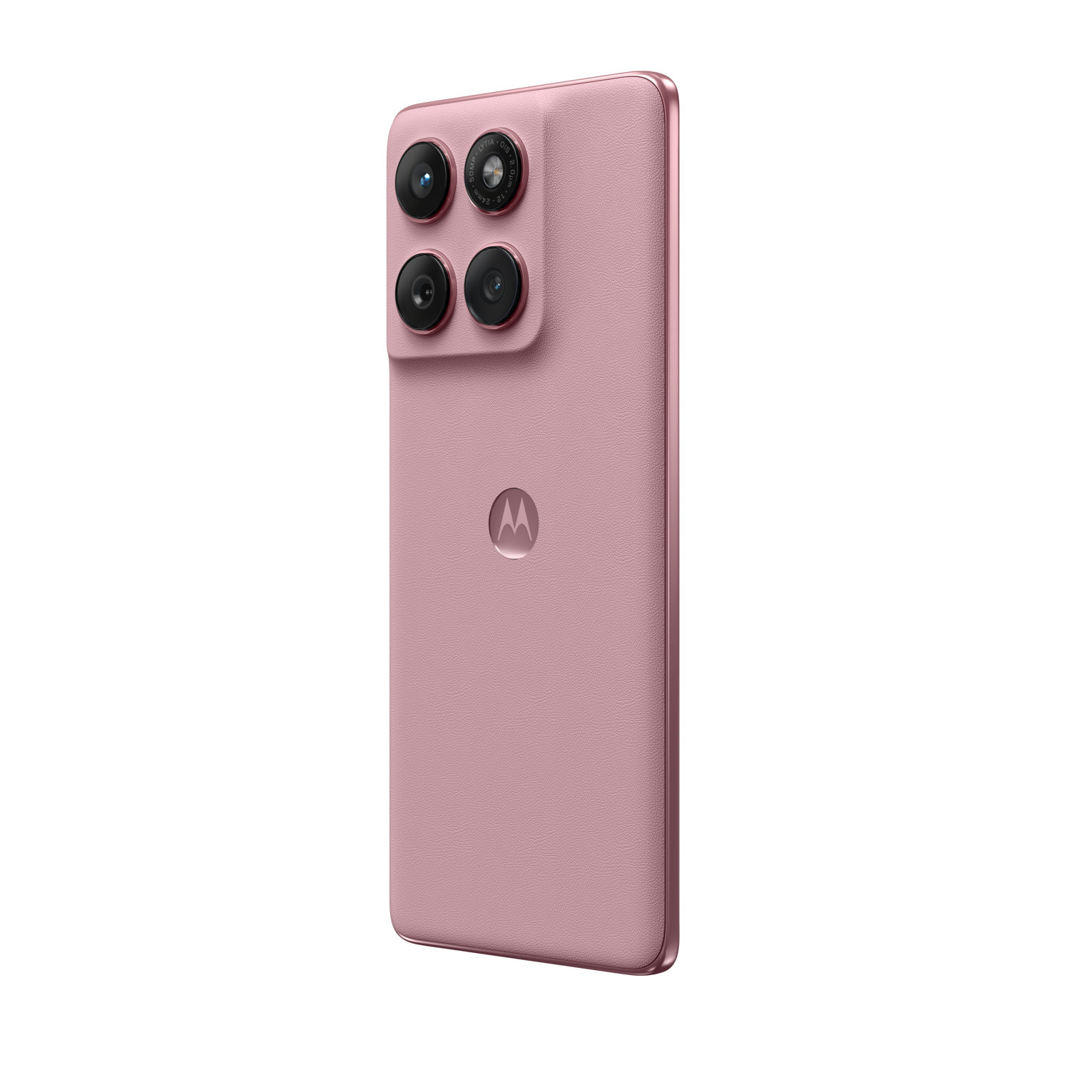 Pink phone back, four camera lenses, Motorola logo.