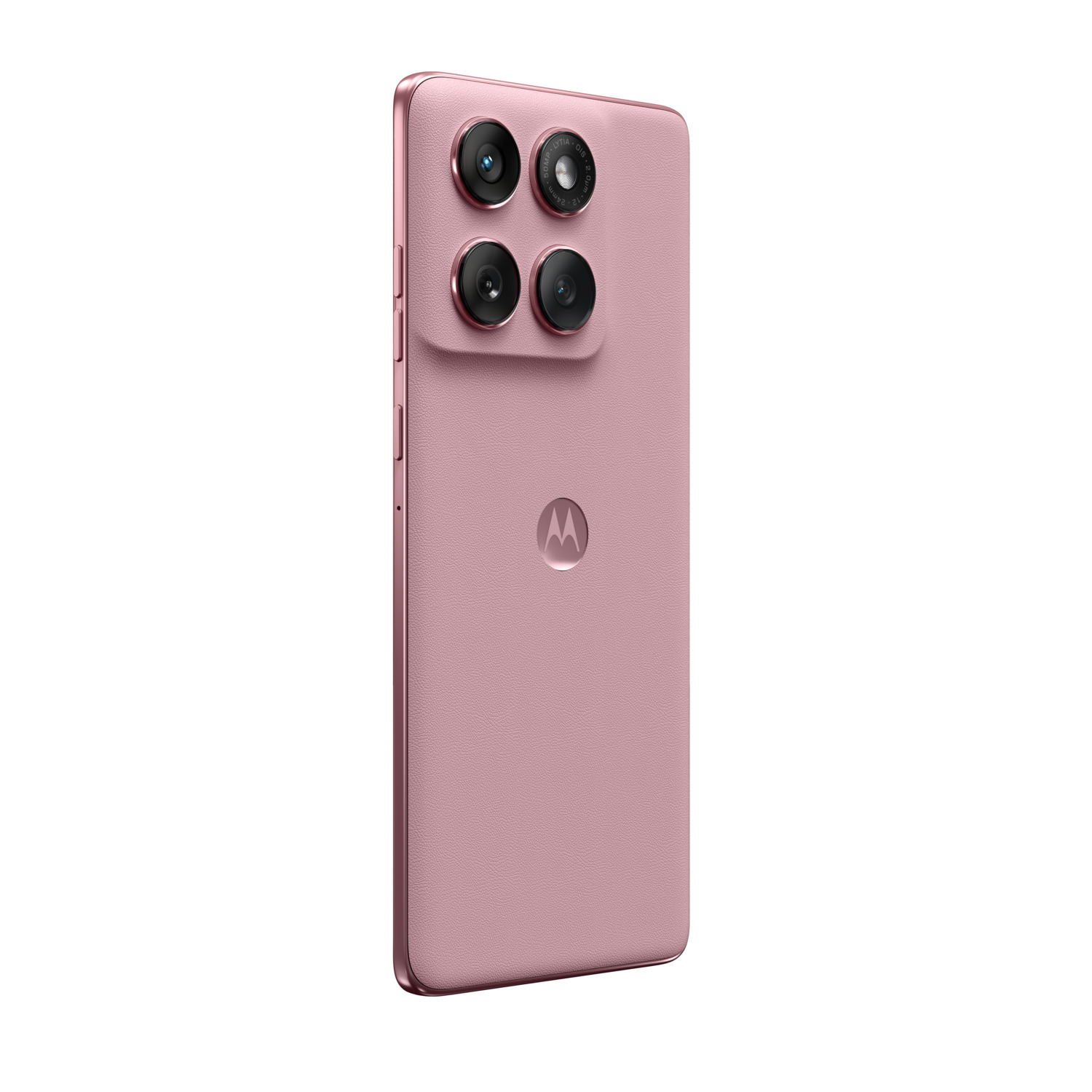 A pink phone with four cameras on the back. The phone is angled, showing the back and side.