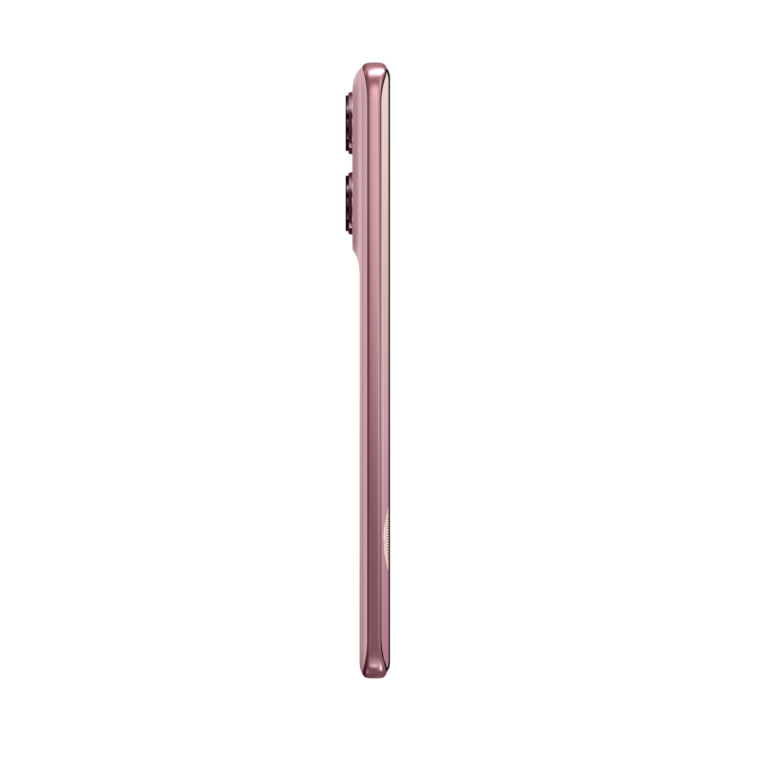 Side view of a rose gold smartphone with a camera bump, on a white background.