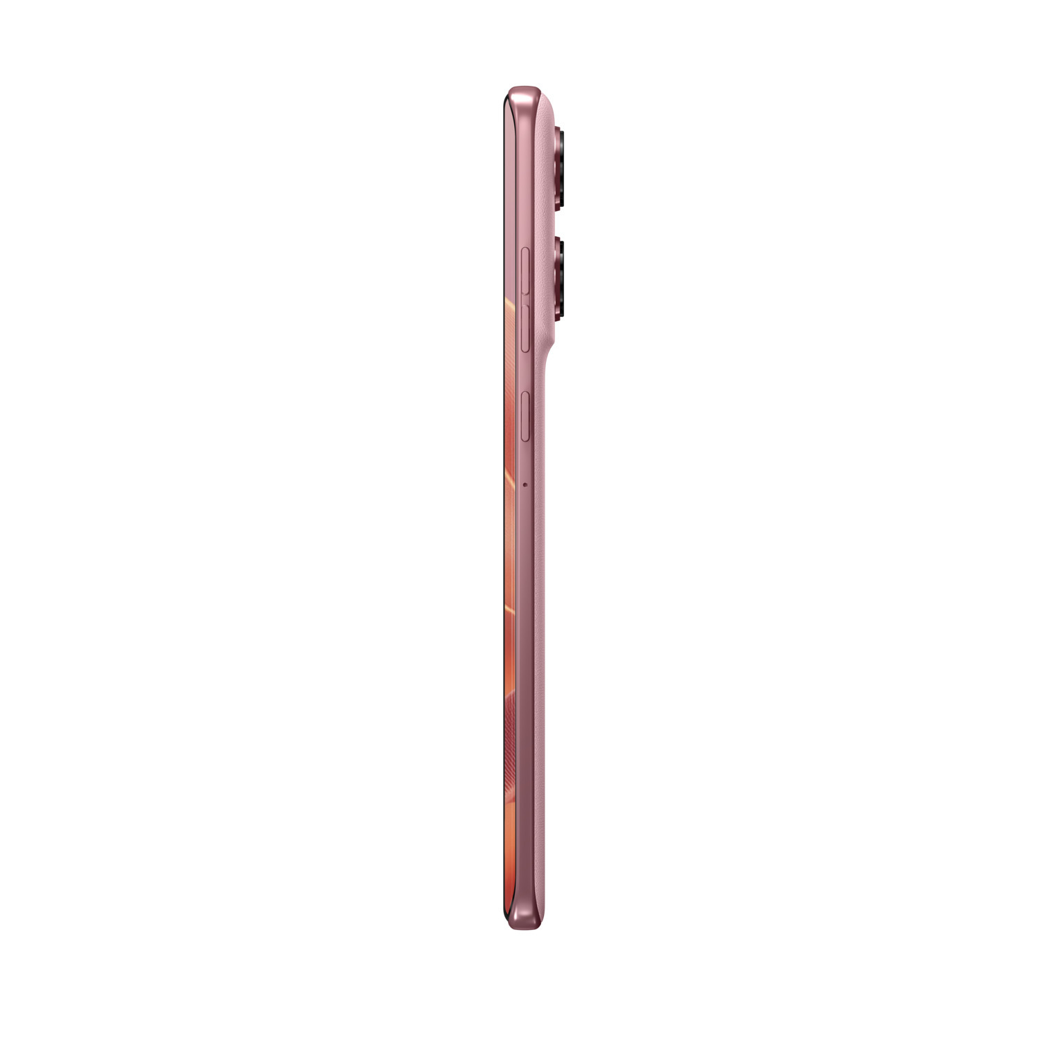 The side view of a rose-gold smartphone with camera lenses and buttons.
